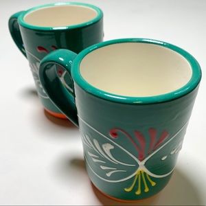 2 Green & Orange Ceramic Mugs with 3D Pattern